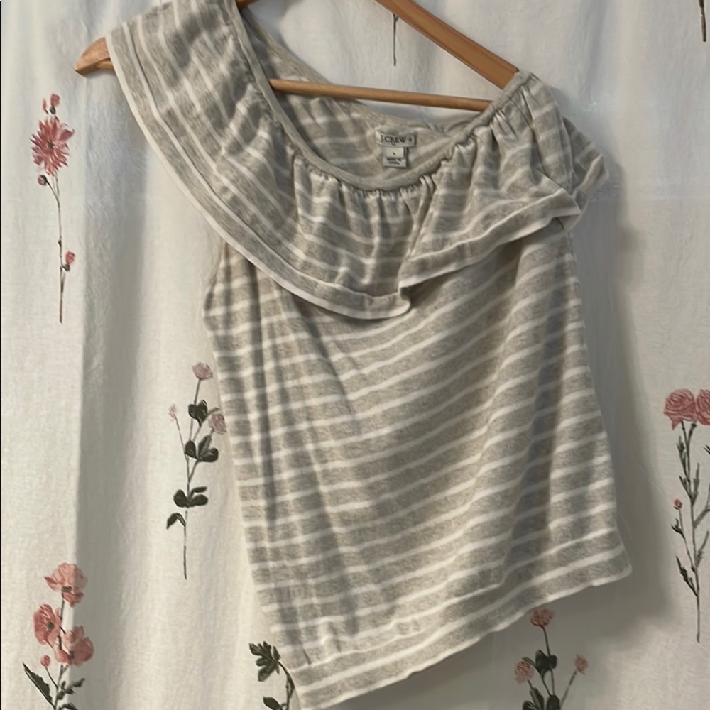 J. Crew Gray and White Striped Off-Shoulder Blouse